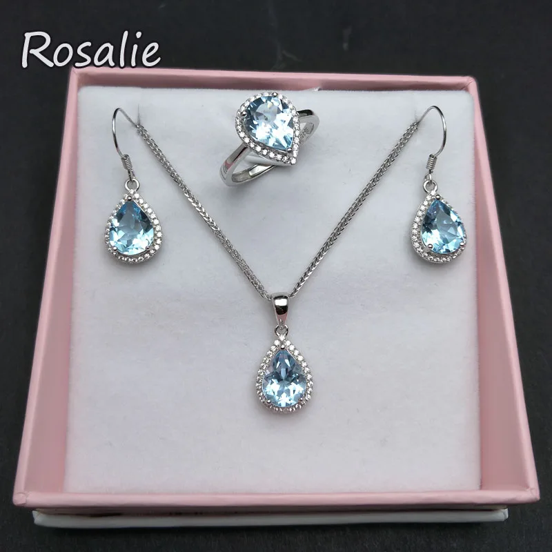 

Rosalie,11.5ct natural Brazil blue topaz gemstone 925 sterling silver jewelry set ring pendant earring best gift for women