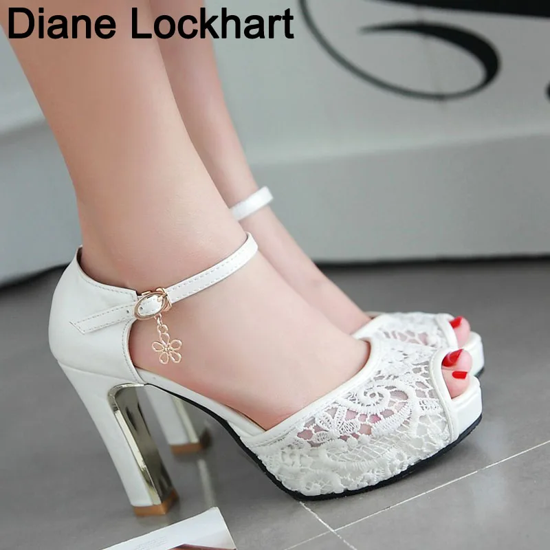 women Summer lace mesh shoes Fish Mouth high heel ladys platform sandals evening dress wedding shoes femal zapatos de mujer 43 afbeelding