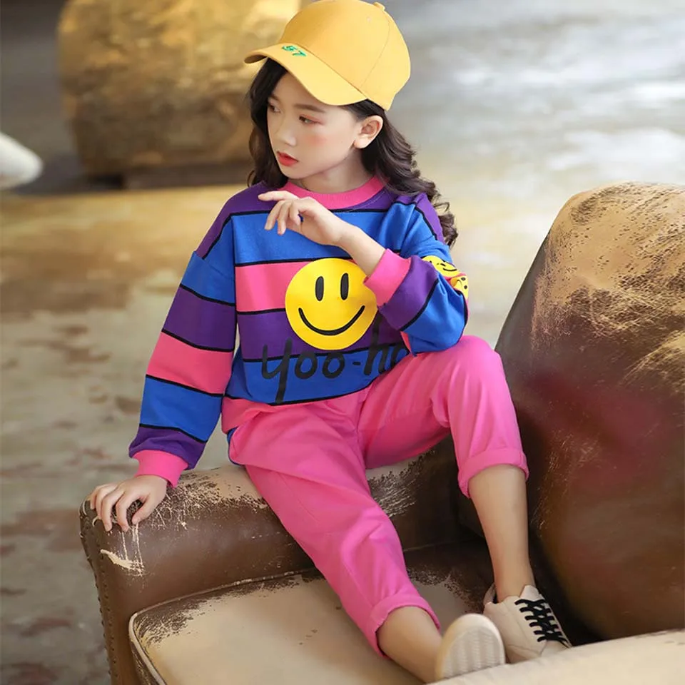 

2019 Spring 2PCS New Toddler Kids Girls Outfits T-shirt Stripe Tops Candy Colors Pants Clothing Fashion Set 2 Colors 4- 12 Years