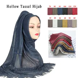 Оптовая продажа, 100 шт./партия, хиджаб, Женские платки фуляр, однотонные полые шарфы с кисточками, простая хлопковая Цветочная повязка на