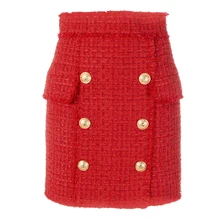 Lion Buttons Embellished Tassel Tweed Wool Mini Skirt