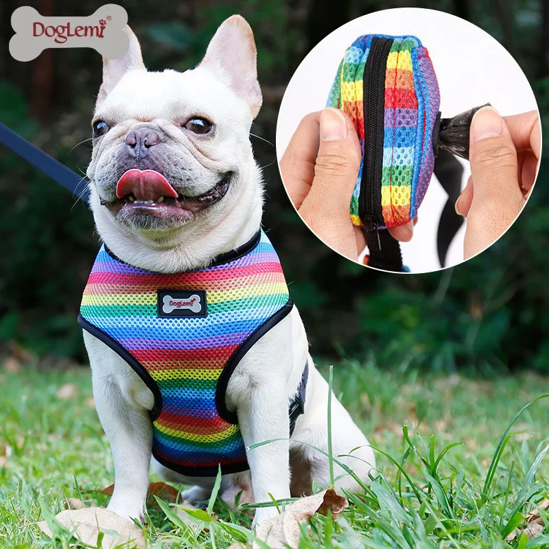 Baratos Perro arnés Correa con una bolsa de caca suave Arco Iris transpirable de malla de Bulldog Francés chaleco ajustable correr correa para mascotas arnés SP