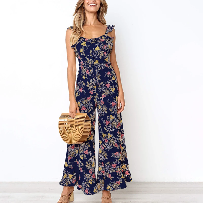 DORVIVON Chiffon Foral Print Jumpsuits Women 2019 Summer Ruffles Backless Sexy Wide Leg Long Pants Jumpsuit Casual Rompers Femme