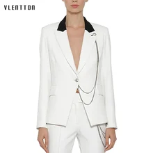 High Quality Women's Pant Suit Single Button Chain White Blazer Jacket & Pants 2 Piece Set Women Long Sleeve Office Ladies Suits