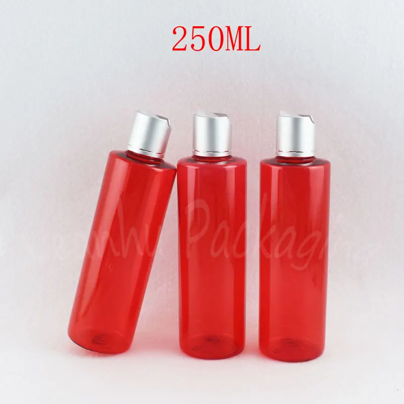 

250ML Red Plastic Bottle With Silver Disc Top Cap , 250CC Empty Cosmetic Container , Shampoo / Lotion Packaging Bottle
