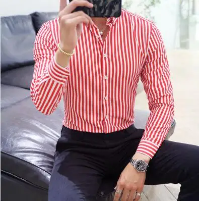 Мужская Новая полосатая рубашка с длинным рукавом, деловая Повседневная тонкая рубаха мужские большие размеры, Новая высококачественная рубашка - Цвет: Красный