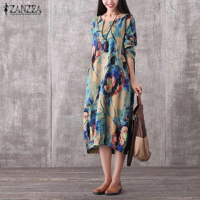 ZANZEA 2016 Vintage Women Midi Print Dress Casual Loose Long Sleeve Pockets  Floral Elegant Calf Length Robe Vestidos Plus Size|vestidos plus|print  dressdress casual - AliExpress