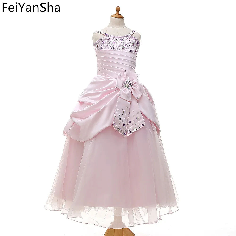 

FeiYanSha Flower Girl Dresses Hole Ball Gown White Lace Sleeveless O Neck Long Wedding Pageant First Communion Dresses for Littl