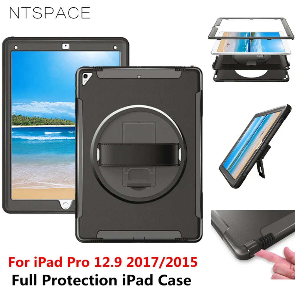 

NTSPACE Tablet Hand Strap Case For Apple iPad Pro 12.9 inch 2017 2015 Heavy Duty Kickstand Holder Cover Shockproof Armor Case