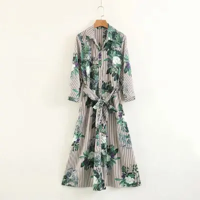 

2018 Autumn Elegant Striped Green Leaves Floral Print Tied Bow Sashes Long A-Line Dress Turn-down Collar Woman Office lady wear