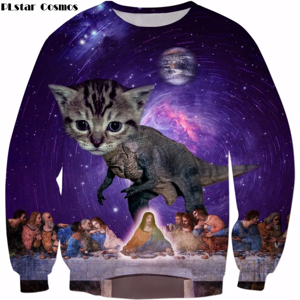 

PLstar Cosmos 2019 New Mens Women 3d Pullovers Cat T-Rex Defies Space-Time Continuum to Join Jesus at The Last Supper Sweatshirt