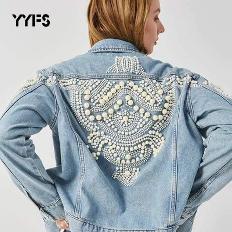 

Luxurious Embroidery Pearl Jeans Jacket Women Streetwear Denim Jacket Femme 2019 High Quality Trend Fashionable Cotton Coat Hot