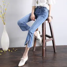 Nonis Новинки для женщин ботильоны Длина спереди Разделение расклешенные джинсы для девочек сладкий Fit Stretch Denim брюки студент Повседневное синий подруга брюки