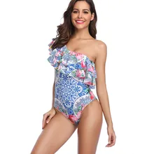 Sexy Ruffle One Piece Swimsuit Women Swimwear One Shoulder Bodysuit Bathing Suit Print Floral Summer Beachwear Plus Size print floral one piece swimsuit summer dress padded widen shoulder strap sexy halter plus m 4xl skirted bathing suit