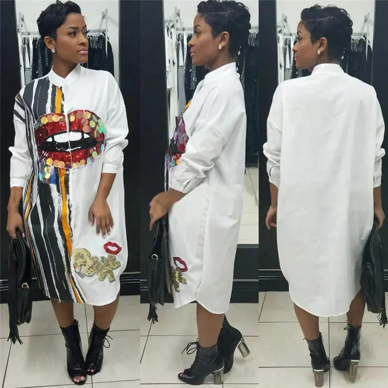 En Ligne Manches longues chemise robe femmes automne mode col montant bouton up Blouse robe dames Streetwear surdimensionné Sequin chemise robe