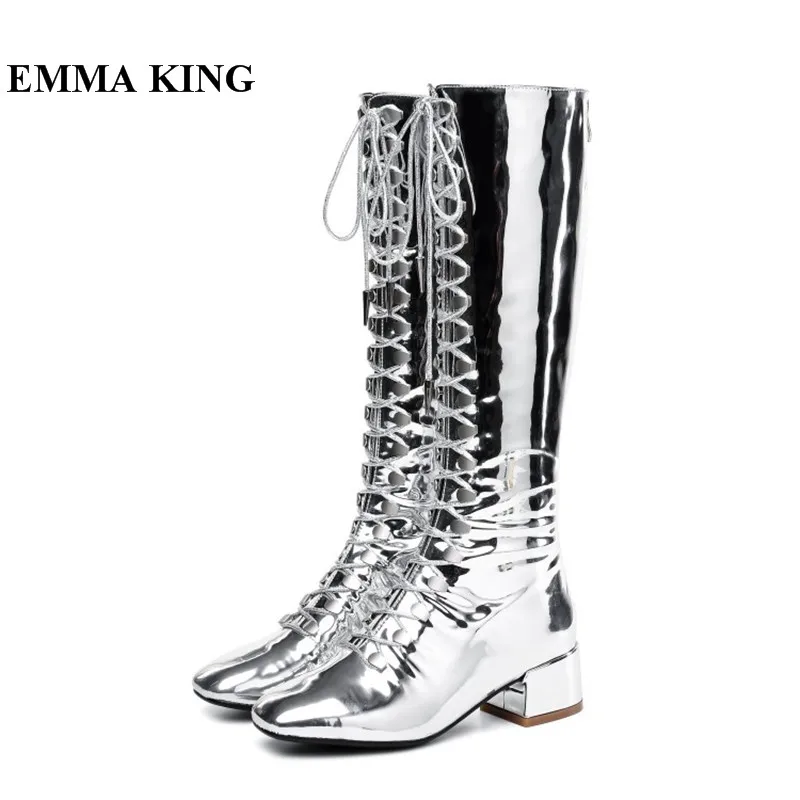 Bout Roi Up Noir Du Verni Croix En Emma Dentelle Femmes Talon Scène argent Bottes liée Carré or À Genou Hauteur Épais Martin Miroir Bas Long Cuir v8wN0mn