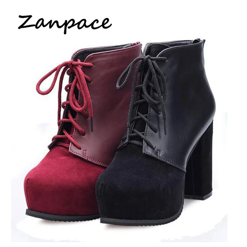 

ZANPACE High Heel Boots Spring Autumn Red Women Shoes Heel Lace-up Booties Leather Mixed Colors Shoes Woman Sexy Ankle Boots
