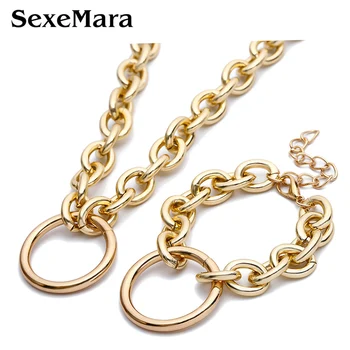 

SexeMara Punk Necklace Bracelet Jewelry Sets For Women Exaggerated Metal Necklace Female Simple Geometric Gothic Bracelets Sets