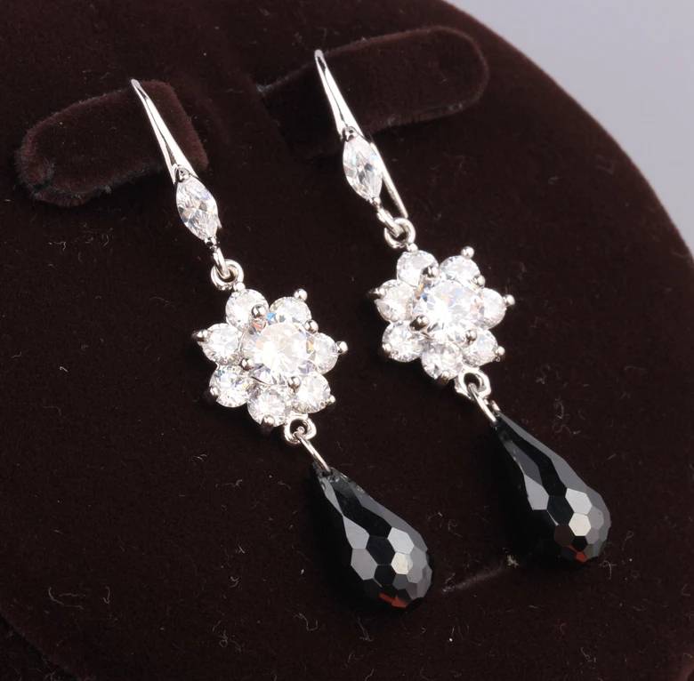 Dazzling Flowers Shape Black Onyx White Cubic zirconia 925 Sterling Silver Jewelry Drop Dangle Earrings For Women S5354 | Украшения и