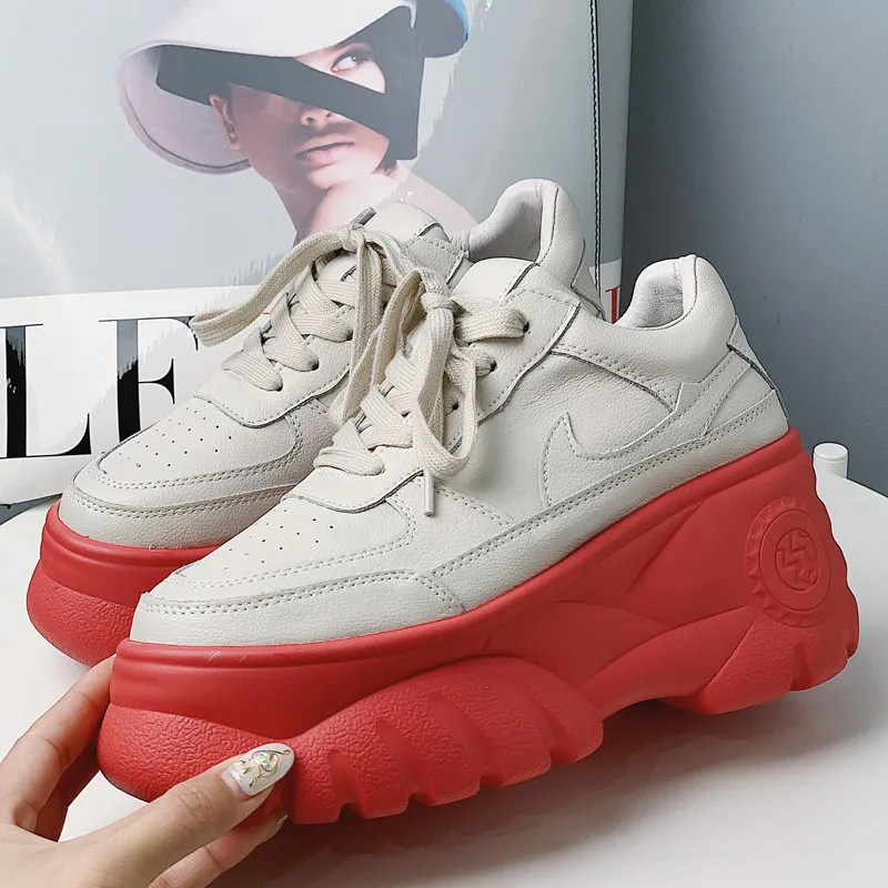 2019 Spring Women Pumps Beige Genuine Leather Girls High Heels Platform Sneaker Silver Laser Increased Casual Wedges Shoes Woman (9)