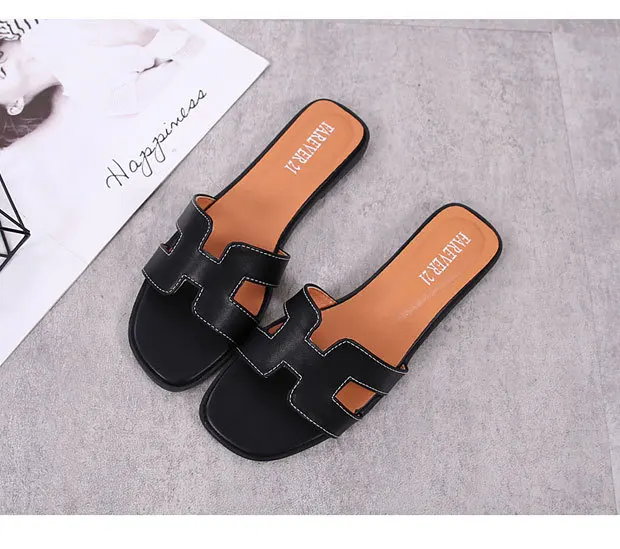 

PADEGAO Korean Version H Type Flat One Word Tide Slides for Women Solid Concise Open Toe Outdoor Slippers Summer Womens Shoes
