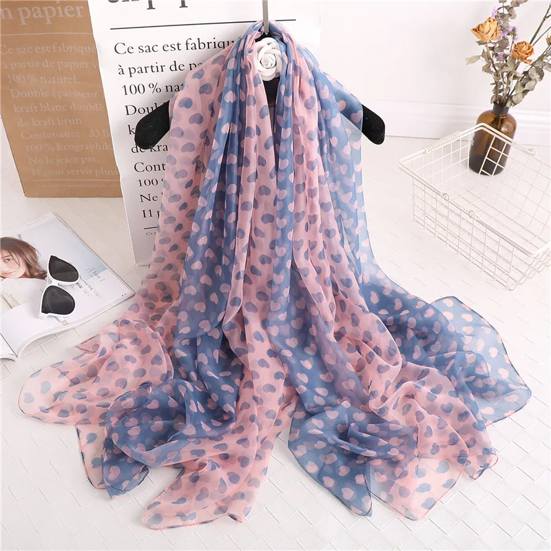 

Fashion Blue Patchwork Silk Scarf Women Heart-shaped Pattern Shawls And Wraps Thin Sunscreen Pashmina Large Size Beach Stoles