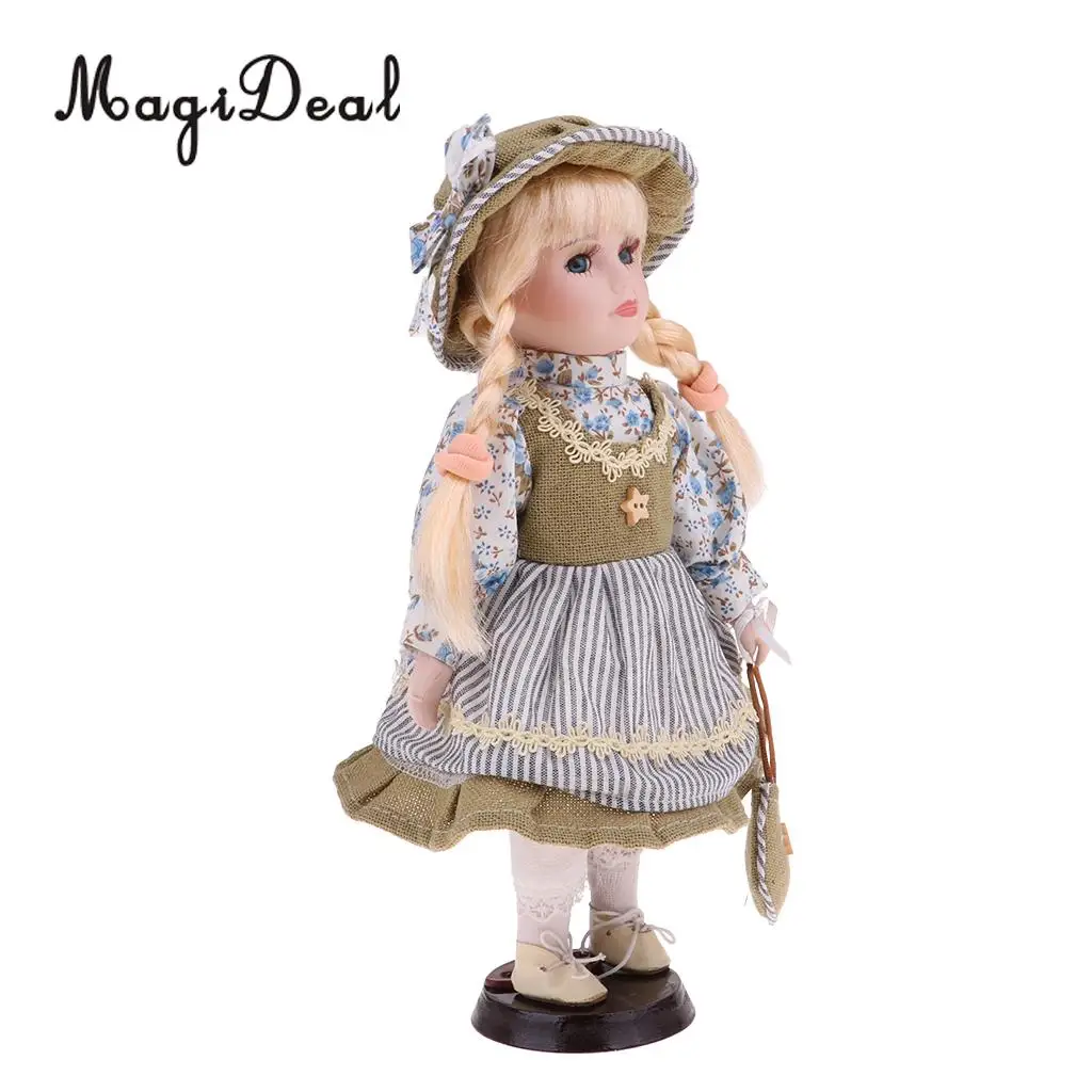 30cm Cute Porcelain Girl Doll People Figure with Green Clothes Set Decor Gift