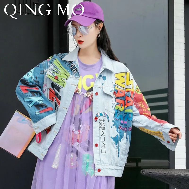 

QING MO Women Letter Print Denim Coat 2019 Spring And Autumn Women Turn-down Collar Oversize Coat Full Sleeve Holes Coat ZQY752