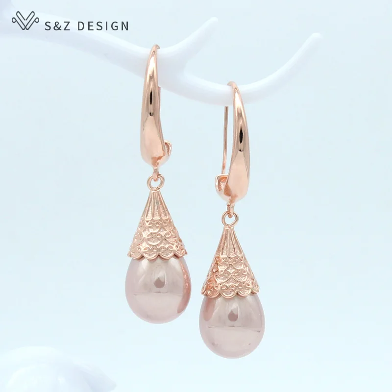 S&Z DESIGN New Long Vintage Imitation Pearls Water Drop Earrings For Women Wedding 585 Rose Gold Color Party Fashion Jewelry