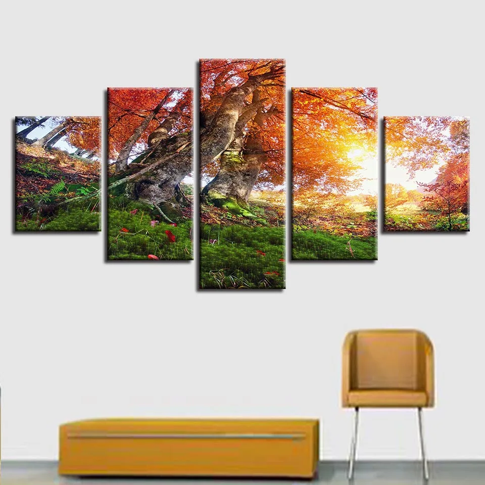 

Artwork Picture Printing Modern 5 Pieces Maple Tree Sunshine Landscape Poster Wall Art Decor Living Room Modular Canvas Painting