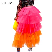 Неоновый цвет сетки лоскутное длинные юбки для женщин каскадные оборки богемные макси юбки уличная Женская высокая талия вечерние юбки