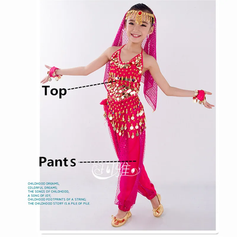 Танец живота Дети танец живота костюмы для детей комплект для танца живота девочек Болливуд индийские выступления ручной работы одежда 6 цветов - Цвет: Rose Red 2pcs
