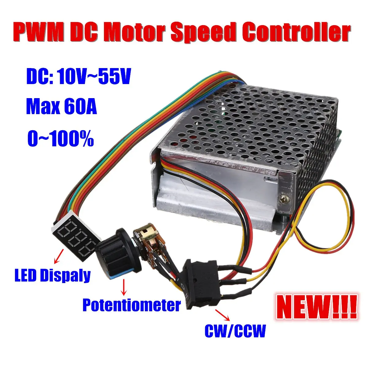

Reversible DC Motor Speed Controller DC10-50V 60A 3000W PWM Control 12V 24V 36V 48V Forward-Stop-Reversal Brake Digital Display
