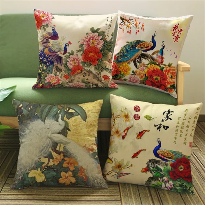 Китайские классические декоративные льняные Чехлы для подушек с павлином, цветные наволочки с павлином, чехол для дивана, автокресла, текстильные изделия