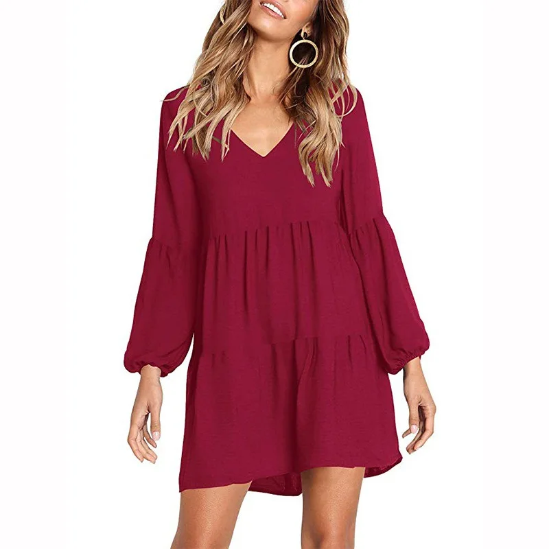 

Sexy Ladies 2018 Autumn Dresses Loose Casual V-neck Solid Mini Dress Kawaii Elastic Waist Lantern Sleeve Party Dress S-XL M0035