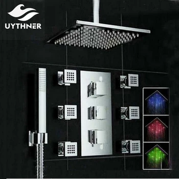 

Uythner Ceiling Mounte 3 Color Changing LED Square Rain Shower Head Thermostatic Valve Mixer Tap W/ Massage Jets Shower Sprayer