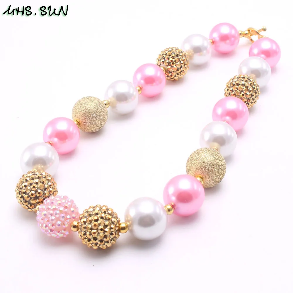 BN591-1 (2),$5.85-1PC.1PC Cute Baby Kids Chunky Beaded Necklace Pink&Gold&White Bubblegum Beads Necklace Handmade Chains Jewelry For ChildrenJPG