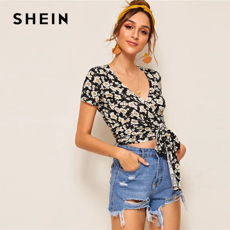 SHEIN Женская короткая футболка с цветочным принтом и завязками спереди, облегающий топ с v-образным вырезом, короткий рукав, летняя женская футболка