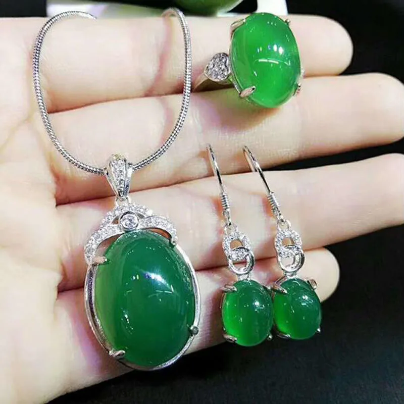 Yu xin yuan, хорошее ювелирное изделие, натуральный нефрит, ювелирное изделие, кулон, серьги, кольцо, ювелирное изделие, наборы, 925, серебряное ожерелье, женские вечерние ювелирные изделия - Цвет камня: green