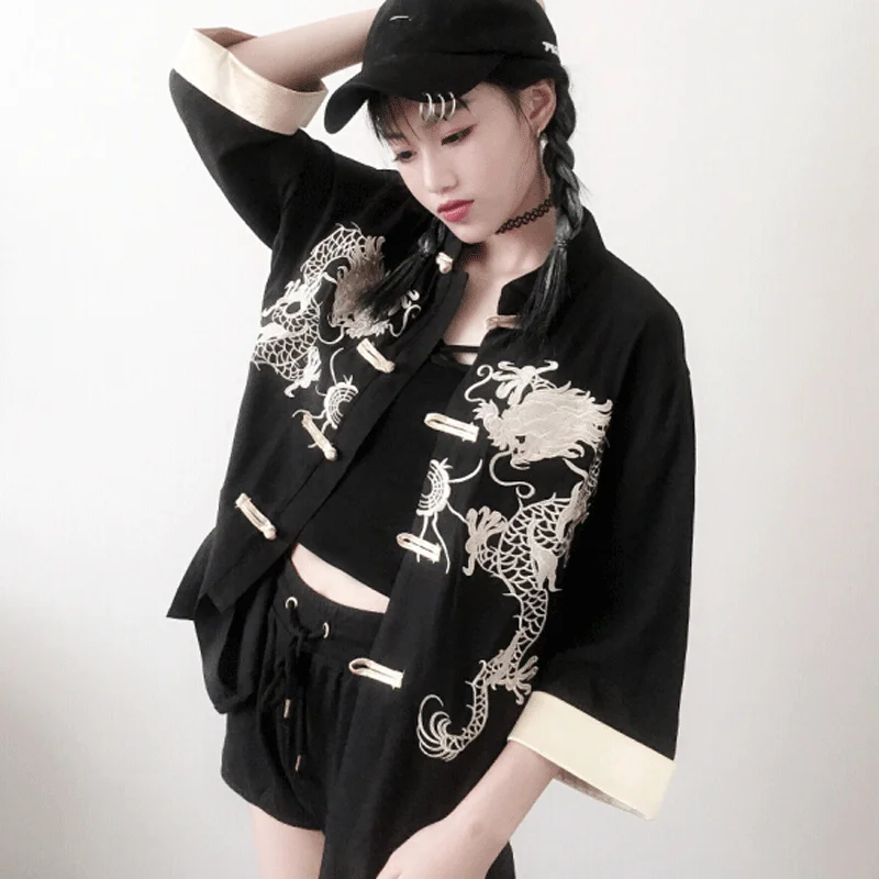 

2019 tops hanfu top chinese chinese shirt traditional chinese clothing for women tang suit dragon embroidery hanfu satin tops