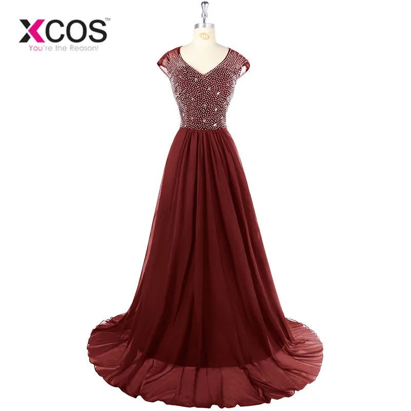 

XCOS robe de soiree longue 2018 Royal Blue Green Bling Bling Evening Dress V Neck Chiffon Black Long Prom Dresses abendkleider