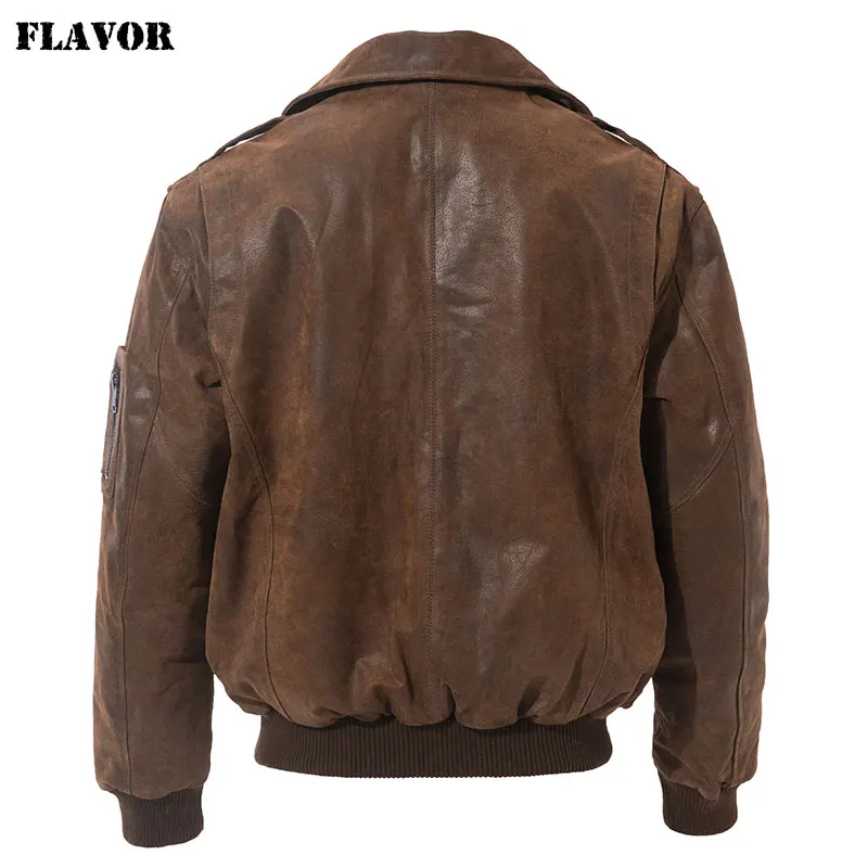 Kожаная куртка мужская бомбер FLAVOR, коричневый теплый жакет из натуральной свиной кожи со съемным меховым воротником, лётная кожаная куртка для мужчин, на осень
