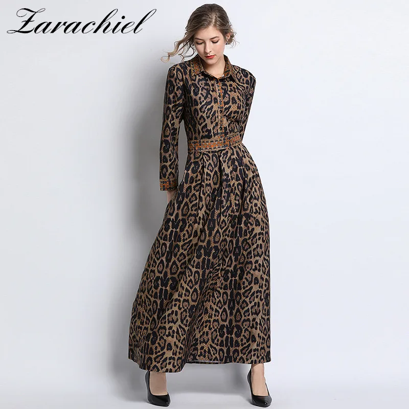 

2019 Fashion Designer Spring Maxi Dress Women's Long Sleeve Lapel Collar Leopard Printed Long Casual Ethnic Holiday Dress