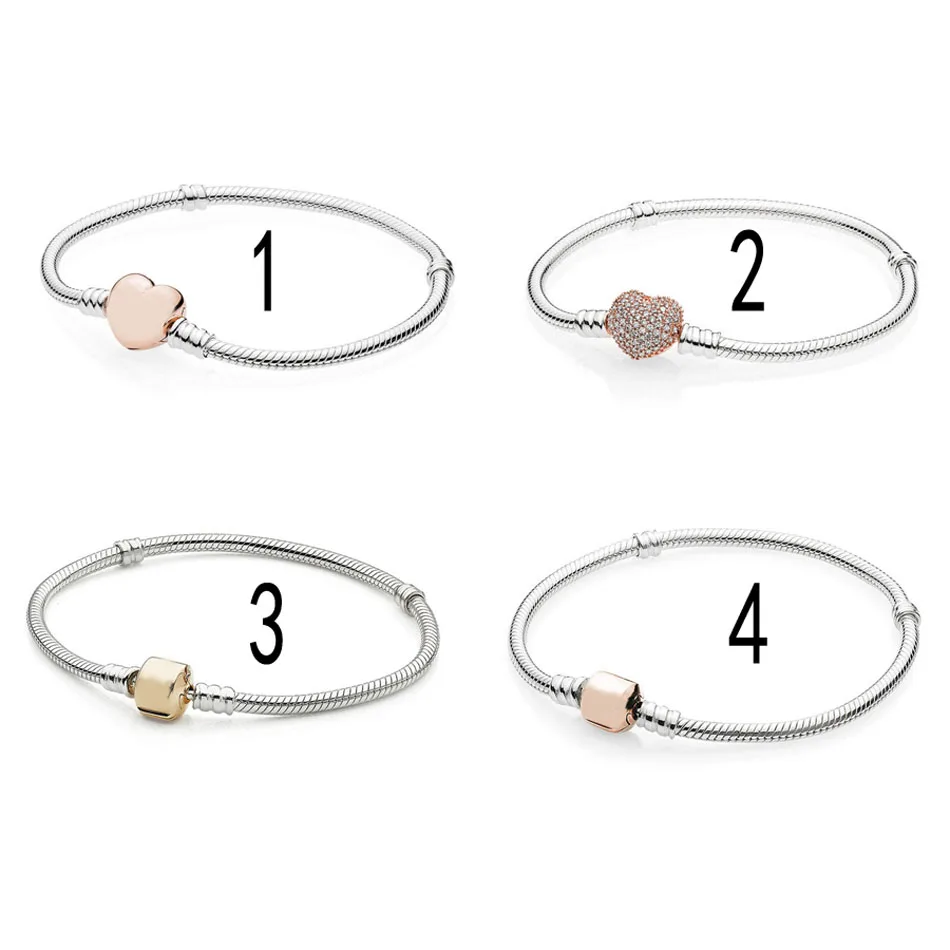 

925 Sterling Silver Bracelet for Women Rose Pave Crystals Heart Barrel Signature Clasp fit Pandora Beads Charm Pendant
