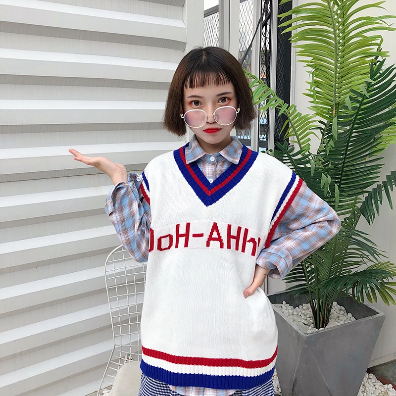 Жилеты женские с принтом Harajuku ретро v-образным вырезом Зимний вязаный корейский Стиль Пуловер Досуг женщин s Модный смешанный цвет жилет дамы