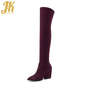 

JK Latest Fashion Stretch Over Knee Boot Women Pointy toe Thick High Heels Shoes Winter Sexy Lady Thigh High Boot Big Size