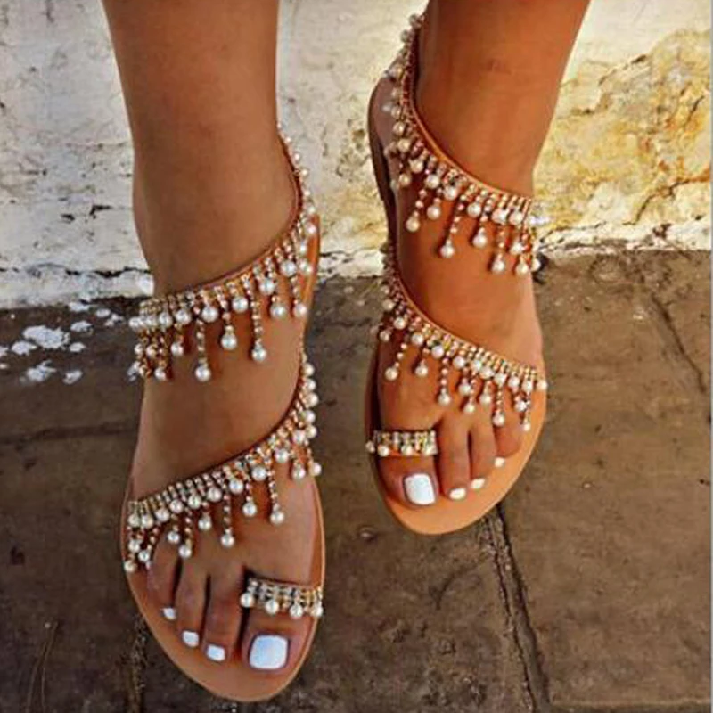 

BIG SIZE 43 Zluxury rhinestone pearl slip-on women sandals beading fringed lady flats shoes clip-toe flip-flops rome shoes NN-60