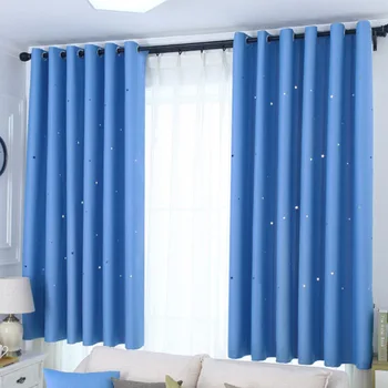 

1pc Full Blackout Shading Stars Bedroom Balcony Curtains Hook Grommet Purdah Hollow Star Printing Blackout Short Curtain