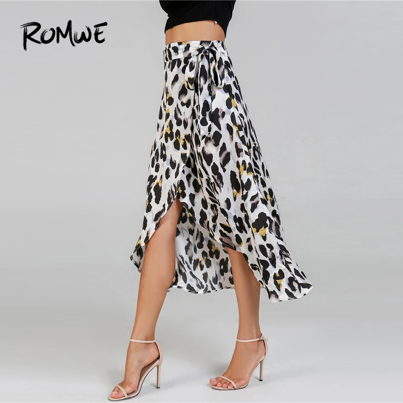 

ROMWE Waist Knot Leopard Print Skirt 2019 Swish Asymmetrical Spring Autumn Shift Skirts Chic Party Mid Waist Women Skirt