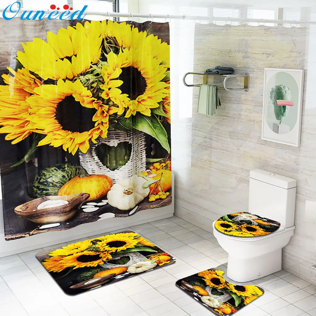 

Ouneed Shower Curtains set @@ 4PCS Non Slip Sunflower pattern Toilet Polyester Cover Mat Set Waterproof Bathroom Shower Curtains